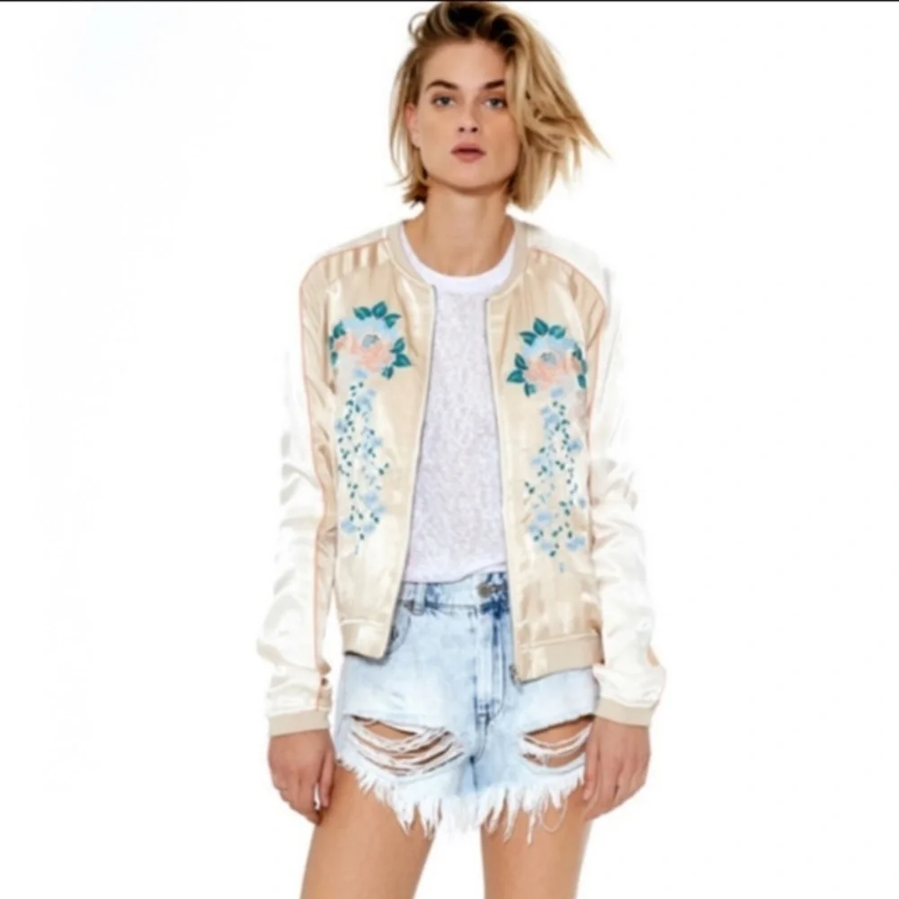 Blank NYC Satin Bomber Jacket Embroidered Floral Cream